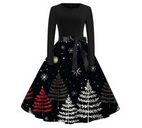 2025 Women's Christmas Dress Round Neck Vintage Printed Long Sleeve Slim Casual Chic and Elegant High Waist Loose Hem Soft Autumn Winter Versatile Dress for Party Christmas Evening