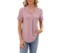 2025 Women's Cotton Linen Solid T Shirts V Neck Short Sleeve Tops Causal Loose Fit Tees Blouses for Ladies(1D-Watermelon Red, S)