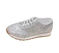2025 Women's Fashion Sequins Casual Lace Up Sport Shoes Sneakers Glitter Breathable Crystal Bling Ladies Running Shoes Women Dressy (Silver, 4)