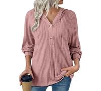 2025 Women's Hoodie, Striped Brushed Knit Sweater, Drawstring Button V-Neck Long Sleeve Casual Sports Sweatshirt (Peach,S)