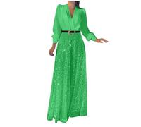 2025 Women's Jumpsuit Glitter Elegant Long Sleeve V-Neck Long Jumpsuit Sequin Splicing Wide Leg Jumpsuit Belted High Waisted Wide Leg Trouser Suit Evening Sparkly Jumpsuits Green