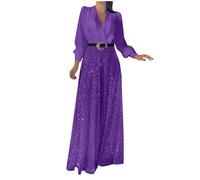 2025 Women's Jumpsuit Glitter Elegant Long Sleeve V-Neck Long Jumpsuit Sequin Splicing Wide Leg Jumpsuit Belted High Waisted Wide Leg Trouser Suit Evening Sparkly Jumpsuits Dark Blue