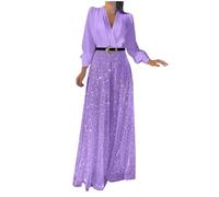 2025 Women's Jumpsuit Glitter Elegant Long Sleeve V-Neck Long Jumpsuit Sequin Splicing Wide Leg Jumpsuit Belted High Waisted Wide Leg Trouser Suit Evening Sparkly Jumpsuits Purple