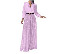 2025 Women's Jumpsuit Glitter Elegant Long Sleeve V-Neck Long Jumpsuit Sequin Splicing Wide Leg Jumpsuit Belted High Waisted Wide Leg Trouser Suit Evening Sparkly Jumpsuits Pink