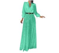2025 Women's Jumpsuit Glitter Elegant Long Sleeve V-Neck Long Jumpsuit Sequin Splicing Wide Leg Jumpsuit Belted High Waisted Wide Leg Trouser Suit Evening Sparkly Jumpsuits Mint Green