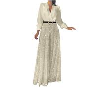 2025 Women's Jumpsuit Glitter Elegant Long Sleeve V-Neck Long Jumpsuit Sequin Splicing Wide Leg Jumpsuit Belted High Waisted Wide Leg Trouser Suit Evening Sparkly Jumpsuits Beige