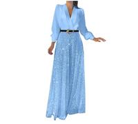 2025 Women's Jumpsuit Glitter Elegant Long Sleeve V-Neck Long Jumpsuit Sequin Splicing Wide Leg Jumpsuit Belted High Waisted Wide Leg Trouser Suit Evening Sparkly Jumpsuits Sky Blue