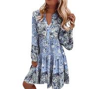 2025 Women's Long Sleeve Beach Dress - Bohemian Dress with Flowy Flower Print Flowy Casual Mao Collar Loose Chic and Elegant Classics Streetwear Comfortable Holiday Splicing Dress, Bright blue, M