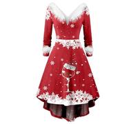 2025 Women's Long Sleeve Christmas Dress - Large Size V-Neck Dress with Plush Chic and Elegant Loose Flowy Irregular High Waist Casual Christmas Printed Dress for Autumn Winter Party