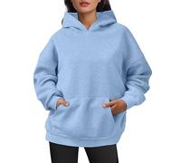 2025 Women's Long Sleeve Hooded Sweatshirt Large Size Solid Colour Casual Loose Fit Comfortable Pullover Chic and Elegant Classics with Pockets Streetwear, Bright blue, S