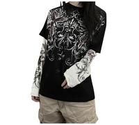 2025 Women's Long Sleeve Printed Tee Shirt Sport Round Neck Vintage Casual Fake Two Pieces Loose Fit Chic And Elegant Going Over Top Style Hip-Hop Streetwear Comfortable Top, Black, M