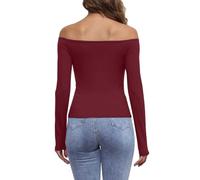 2025 Womens Off The Shoulder Tops Long Sleeve Basic T Shirts Going Out Cute Fall Fashion 2024 (M) Wine