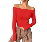2025 Womens Off The Shoulder Tops Long Sleeve Basic T Shirts Going Out Cute Fall Fashion 2024 (Red, M)