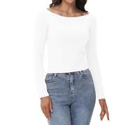 2025 Womens Off The Shoulder Tops Long Sleeve Basic T Shirts Going Out Cute Fall Fashion 2024 (White, XL)