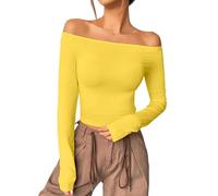 2025 Womens Off The Shoulder Tops Long Sleeve Basic T Shirts Going Out Cute Fall Fashion 2024 (Yellow, S)