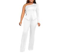 2025 Women's Party Business 2 Piece Outfits One Shoulder Long Sleeve Ruffle Tops Blazer and Straight Long Pants Sets(White,XL)