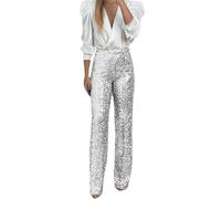 2025 Women's Party Sequin Elastic Waist Slim Fit Elastic Flare Pants Fashion Solid Color Pants 2X Pant (Silver, XL)