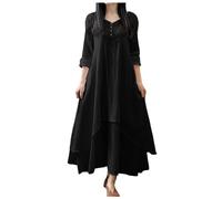2025 Women's Skirt Two Artistic Large Swing Linen Loose Long Sleeve Cotton Linen Dress Blue Women's Knee-Length, black, L