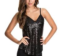 2025 Women's Sleeveless Blouse Sequins Strappy V-Neck Tank Top Crop Shirt Lapel Pins for Clothing, black, XXL