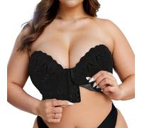 2025 Women's Strapless Bra Seamless Bandeau Bustier Top Large Sizes Seamless Dirndl Bra with Moulded Cups without Underwire Shoulderless Bra with Front Closure Design, Black-g, 44D