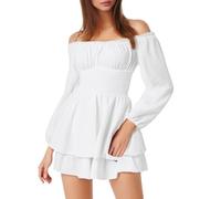 2025 Women's Strapless Dress with Ruffles - Long Sleeve Solid Colour Pleated Waist Casual Elasticity Chic and Elegant Comfortable Flowy Everyday Going Out Beach Dress, white, XL