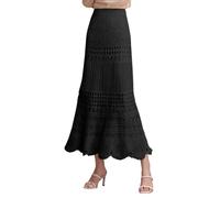 2025 Women's Stretched High Waist Crochet Hollow Out Knit Flowy Patterned Lace Maxi Skirt (Black, M)