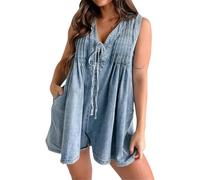2025 Women's Summer Casual Sleeveless Denim Romper Tie Front V Neck, High Waist, Wide Leg, Pleated Style with Pockets - Ideal for Beach, Party & Daily Wear, Soft Breathable Fabric (Blue,xl)