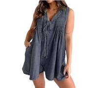 2025 Women's Summer Casual Sleeveless Denim Romper Tie Front V Neck, High Waist, Wide Leg, Pleated Style with Pockets - Ideal for Beach, Party & Daily Wear, Soft Breathable Fabric (Grey,l)