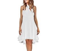 2025 Women's Summer Casual Solid Halterneck Button Chiffon Splice A Line Dress Women's Summer Knee-Length Elegant, White, S