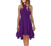 2025 Women's Summer Casual Solid Halterneck Button Chiffon Splice A Line Dress Women's Summer Knee-Length Elegant, purple, M