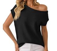 2025 Women's Summer Off The Shoulder Knitted Tops 2025 Casual Short Sleeve Oversized Tunic T-Shirt Chunky Knit Jumper Women's Wool, black, XL