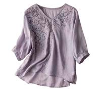 2025 Women's Summer T Shirt with Embroidered Lace Trim Boho Loose Fit Comfortable Cotton Linen Tunic Blouse Half Sleeve Police Blouse, purple, XL