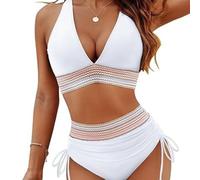 2025 Women's Swimwear High Waist Bikini Separate Set V-Neck Sexy Bikini Gathering (UK, Alpha, M, Regular, Regular, White)