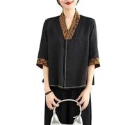 2025 Women's Vintage Chinese Style Satin Tops Casual V Neck 3/4 Sleeve Loose Shirts Printed Patchwork Comfort Blouse(M) Black
