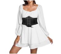 2025 Women's Vintage Dress Long Sleeve Chic Elegant Flat Stomach Solid Colour Casual Loose Classic Ruffles Fluid Anti-Exposure Everyday Lightweight Basic Autumn Dress, white, XL