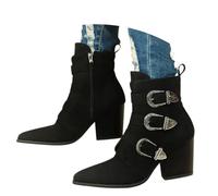 2025 Women's Western Ankle Boots Stacked Block Heel Cowboy Booties Steel Toe Heeled Short Fisherman Boot Back Zipper Western Boots for Women Artiste (Black, 6)