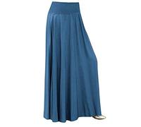 2025 Women's Work Elastic Waist Solid Pleated Skirt Vintage A-line Loose Long Skirts Around Ladies Summer with Slit, blue, S