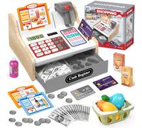 2025 Wooden Cash Register with Scanner Calculator Till Toy for Kids Ages 3+, Pretend Play Shop Toys Educational Gifts for Toddlers 3 Year Old Girls Boys, White & Grey