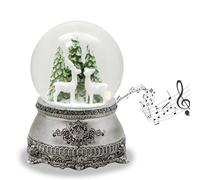 20253 Snow Globe Hut Magic 2 White Deer in Front of Christmas Tree Pewter Look Ornaments with Music Box Shaking Ball Christmas Decoration W: 10 cm H: 14 cm