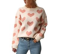 2026 2022 Winter Knit Sweater Heart Printed Long Warm Gift for Her Funnel Neck Cotton Longline Commute Petite Slim Fit Crew Jumper Under Coat (3) Pink