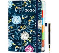 2026 A5 Diary Day per Page, Full-Year Planner (Jan - Dec 2026) Daily & Monthly Planner with Colorful Monthly Tabs, Floral Design, Elastic Pen Holder, Pen Loop & Inner Pocket, Midnight Blue.