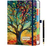 2026 A5 Diary Day-per-Page,(Jan - Dec 2026), One Page/Day, Monthly Tabs, Multi-Colored Tree Design, Pen Holder, 2 Bookmarks, Pen Loop, Inner Pocket, Goldenrod.
