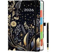 2026 A5 Diary - One Page per Day, Full-Year Planner (Jan - Dec 2026) Daily Planner with Colorful Monthly Tabs, Floral Design, Elastic Pen Holder, 2 Bookmarks, Pen Loop & Inner Pocket, Black.