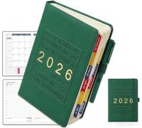 2026 A5 Page a Day Diary: Full Year Daily Planner with Monthly Overviews, Premium Leather-Look Cover with Gold Debossing, Compact for Office - Multi-Colour Options(green)