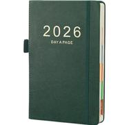 2026 A5 Page A Day Hardcover Planner - Daily Diary from Jan to Dec 2026 with Colourful Monthly Index Tabs, 3 Ribbon Bookmarks, Elastic Pen Loop & Closure Band (Green)