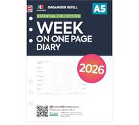 2026 A5 size week on one pages organiser diary refill insert | January 2026 - December 2026 | Compatible with Filofax A5 size organisers | 148 x 210mm
