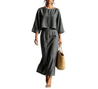 2026 Airport Outfit Co Ord Sets for Women Cotton Linen Two Piece Set Elegant Round Neck Flowy 3/4 Sleeves and High Waist Maxi Skirt Lounge Wear Sets for Women UK Work Office Everyday Wear