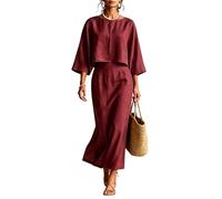 2026 Airport Outfit Co Ord Sets for Women Cotton Linen Two Piece Set Elegant Round Neck Flowy 3/4 Sleeves and High Waist Maxi Skirt Lounge Wear Sets for Women UK Work Office Everyday Wear