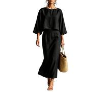 2026 Airport Outfit Co Ord Sets for Women Cotton Linen Two Piece Set Elegant Round Neck Flowy 3/4 Sleeves and High Waist Maxi Skirt Lounge Wear Sets for Women UK Work Office Everyday Wear