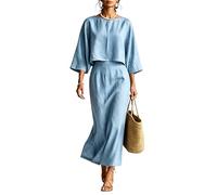2026 Airport Outfit Co Ord Sets for Women Cotton Linen Two Piece Set Elegant Round Neck Flowy 3/4 Sleeves and High Waist Maxi Skirt Lounge Wear Sets for Women UK Work Office Everyday Wear